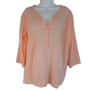 sonoma life style womens top Peach Embroidery Floral Semi Sheer sz XL casual